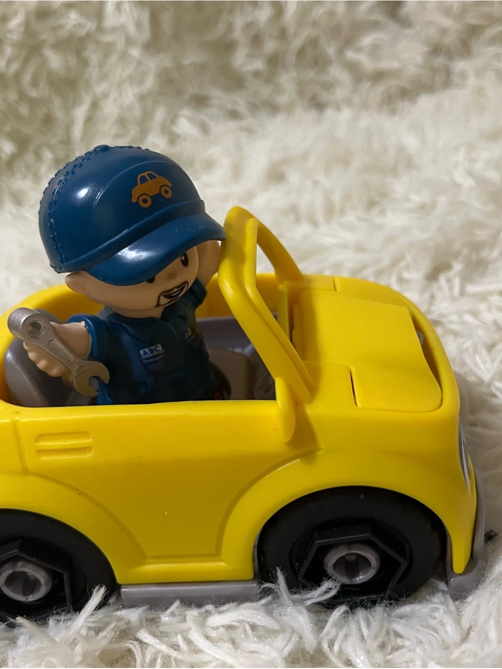 Little People Yellow Car with Blue Driver mechanic with tool in hand Figure